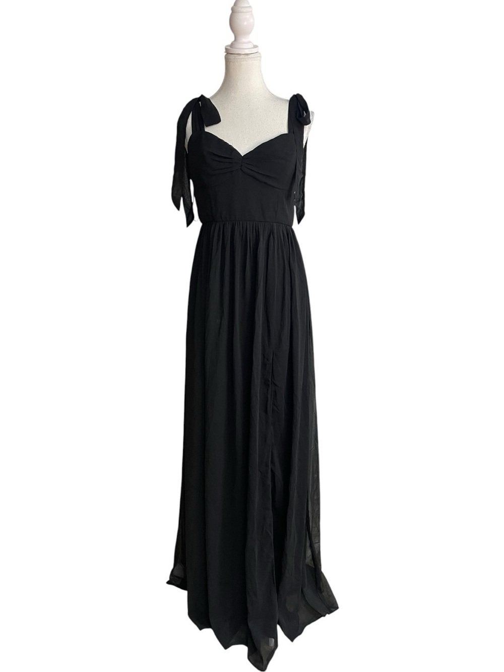 Lulus Radiant Charisma Ruched Tie-Shoulder Chiffon Maxi Dress Black